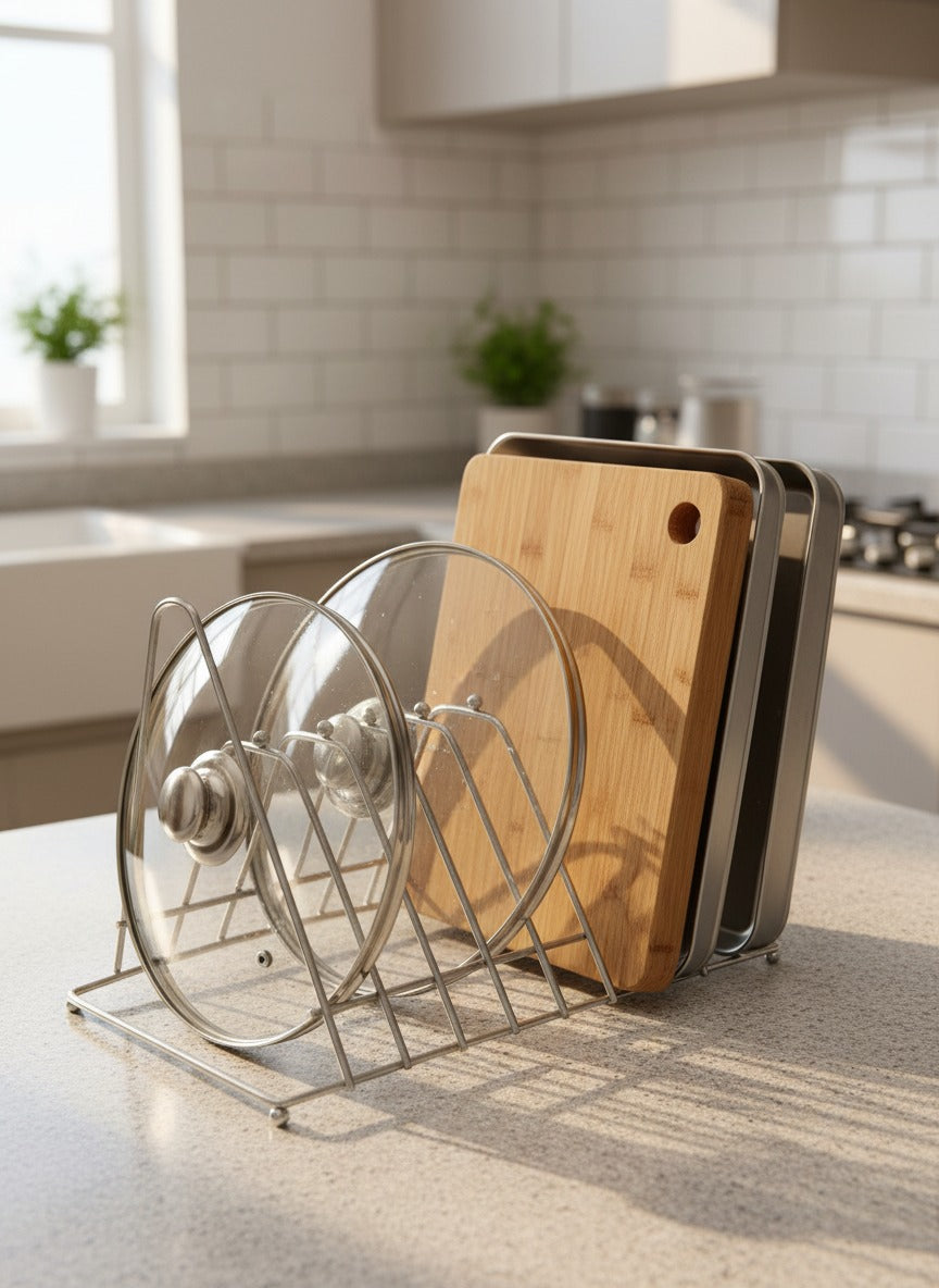 Stainless Steel Multi-Slot Organizer Rack – Plate, Lid & Cutting Board Holder