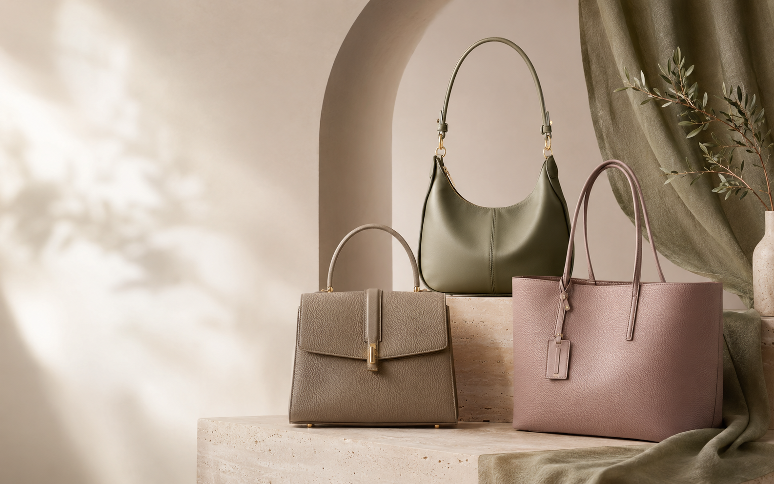 Trevo handbags arranged in a calm boutique-inspired setting
